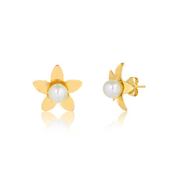 18K Gold Layered Oro Laminado Flower Design Push-Back Earrings With Center Pearl 21.0175/92